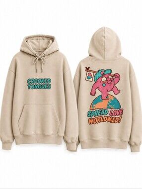 Crooked Tongues Spread Love Worldwide Graphic Print Pullover Hoodie Men's Sz M